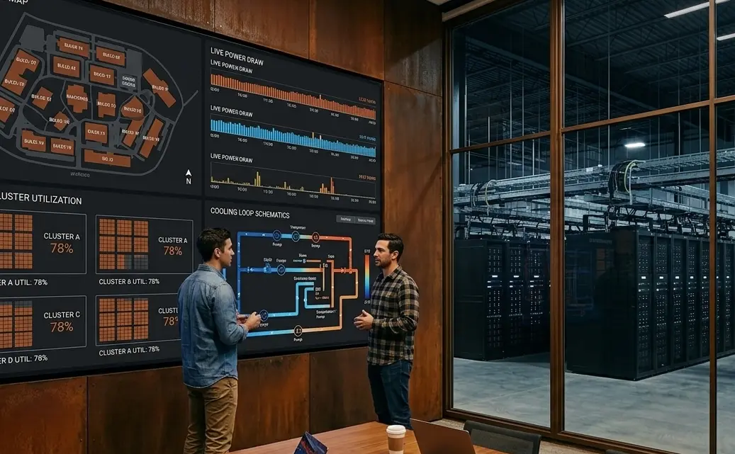 Two people at a Sorgan Ridge monitoring wall showing a live campus map, power-draw graphs, cluster utilization and cooling-loop schematics, with the data floor visible through glass.