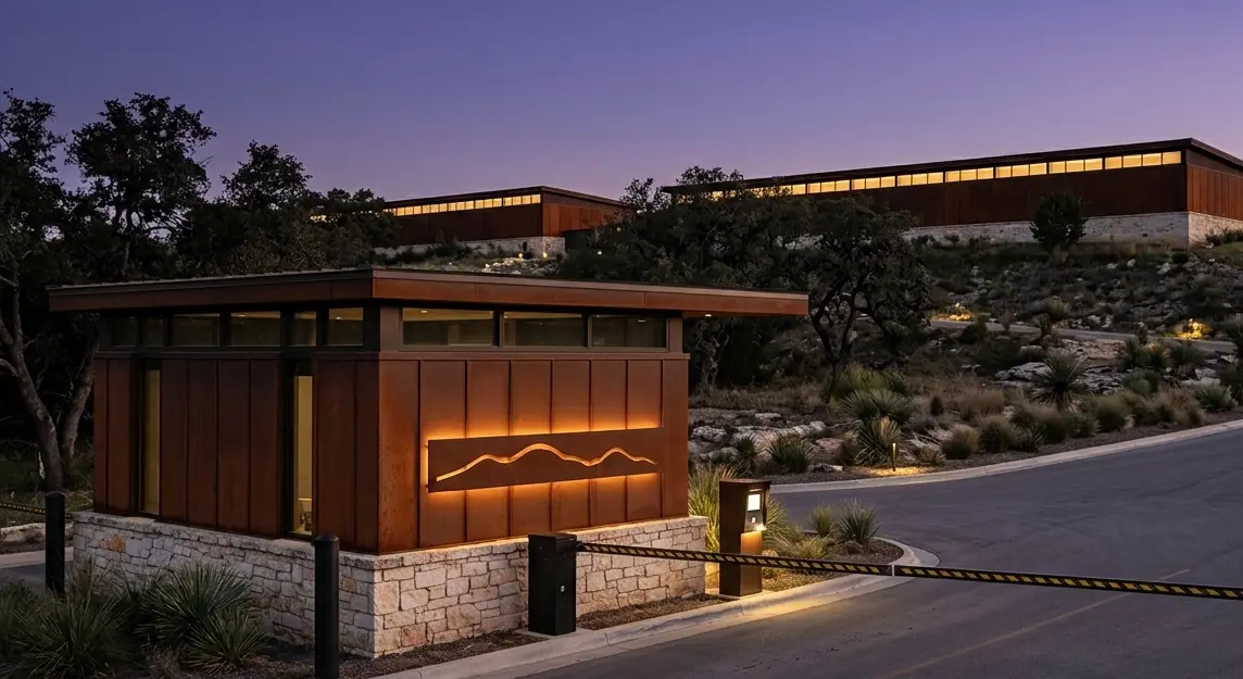 The Sorgan Ridge gatehouse at dusk — a corten-and-limestone guard house with a lit ridge-mark sign and barrier arm, tenant halls glowing on the hillside behind.