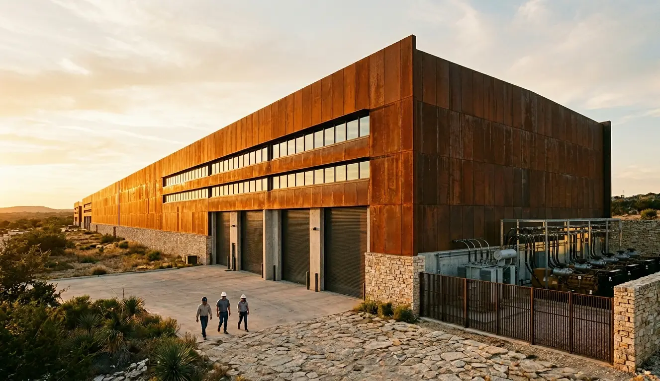 A completed Sorgan Ridge data hall at golden hour, corten steel over limestone, loading docks and an adjacent substation with generators; three workers in hard hats walk the apron.