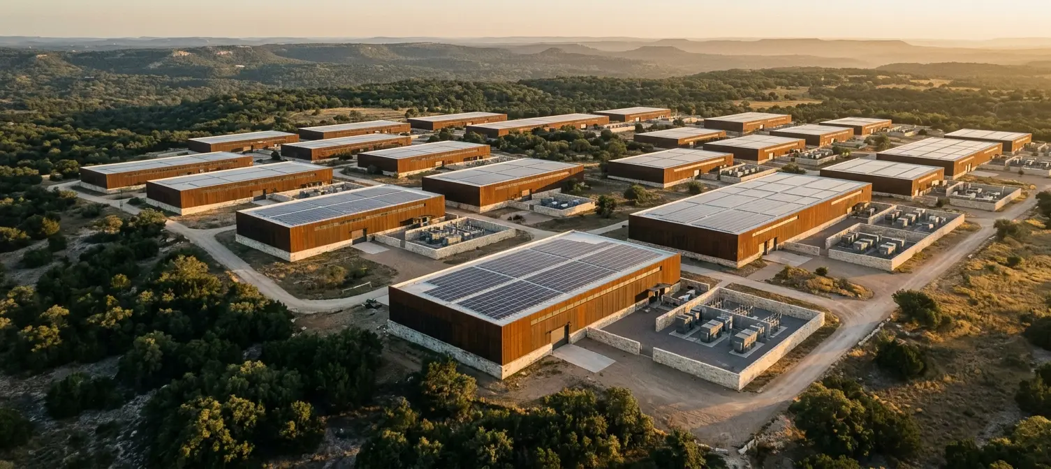 Aerial view of the Sorgan Ridge campus at golden hour — corten-and-limestone data halls with solar roofs and walled equipment yards, set among Hill Country live oaks.