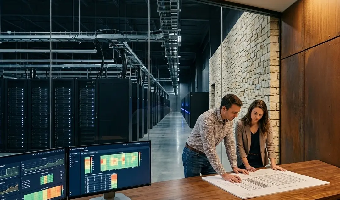Engineers reviewing plans at a desk inside a Sorgan Ridge hall, a lit data floor and monitoring dashboards directly beside them, corten wall and limestone behind.