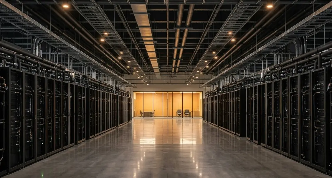 An empty single-tenant data hall at Sorgan Ridge, rows of racks receding toward a glass-walled office suite at the far end.