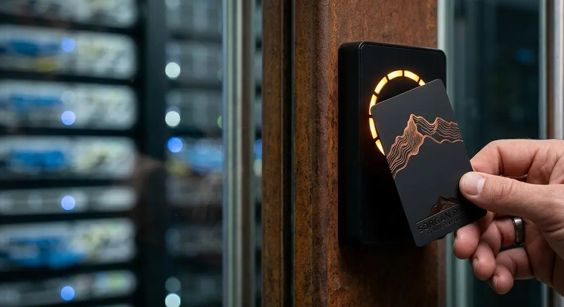 A hand taps a black Sorgan Ridge key card, etched with a copper ridge contour, against a glowing NFC reader mounted on a corten column beside server racks.