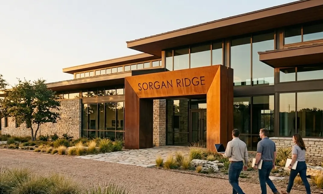 The Sorgan Ridge amenity core at dusk — a corten portal reading Sorgan Ridge over glass and limestone, with people walking toward the entrance.
